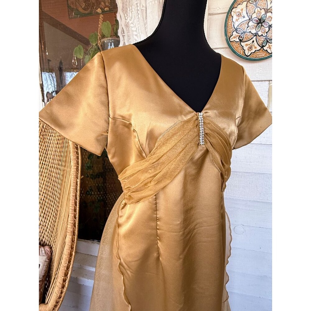 Vintage 60's Gold Satin Organza Formal Dress Rhinestones Bow Back M/L - Picture 4 of 16